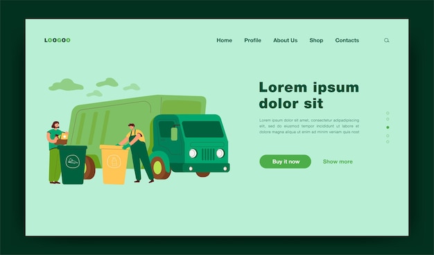 Free Vector garbage truck arriving to take disposal containers with waste and refuse. men sorting rubbish and trash in bins and dumpsters.  illustration for recycle, environment concept landing page