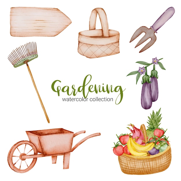 Free vector garden cart , wood sign, watercolor, basket, fork, fruit, and vegetable set of gardening objects in watercolor style on the garden theme.