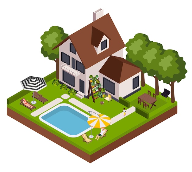 Garden furniture isometric composition with view of house with backyard pool and lounge chairs with umbrellas vector illustration