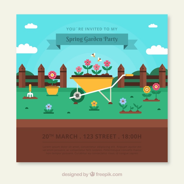 Garden party invitation design with wheelbarrow