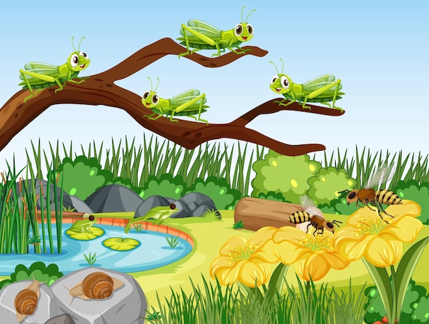 Free Vector garden scene with many grasshoppers, snails and bees