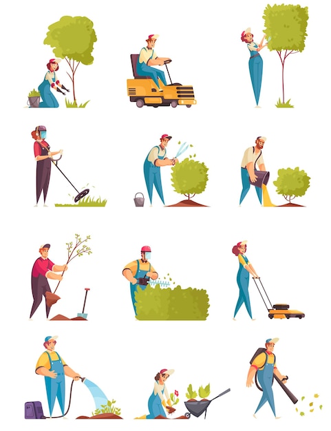 Free Vector gardener icons set with trees and bushes flat isolated vector illustration