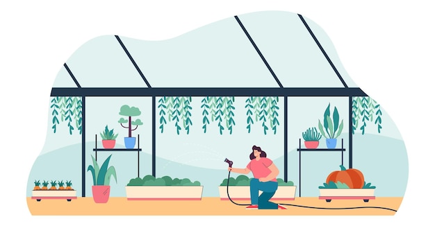 Free vector gardener watering plants with greenhouse equipment. woman growing flowers, greenery in farm garden of orangery with glass walls and window flat vector illustration. conservatory, agriculture concept