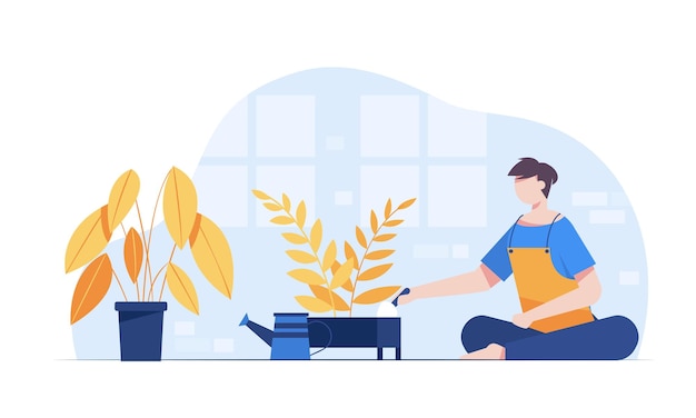 Gardener working in graden scenes The gardener planted the plants in pots he added fertilizer and soil He planted the plant in a pot and watered it Vector illustration character flat design