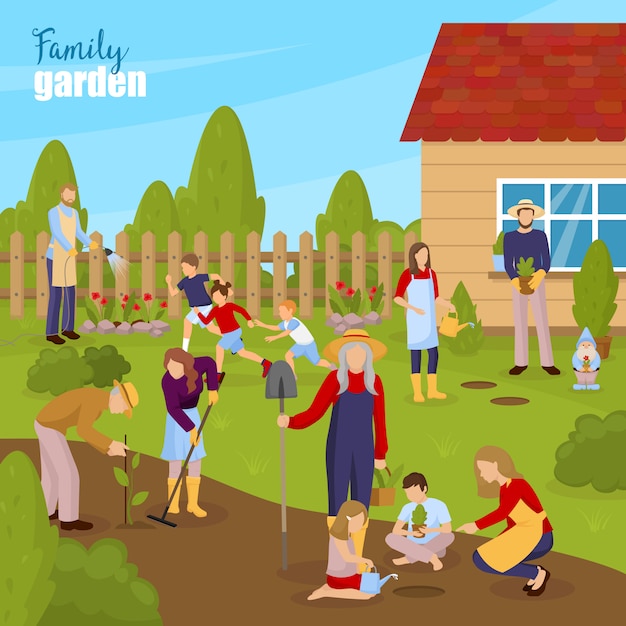 Gardening And Family Illustration