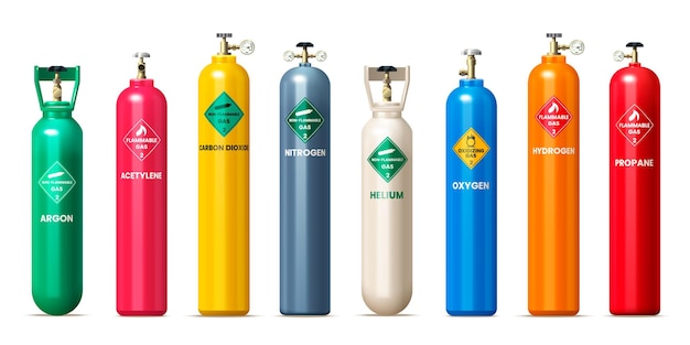 Free Vector gas cylinders and tanks realistic set with helium and oxygen symbols isolated vector illustration