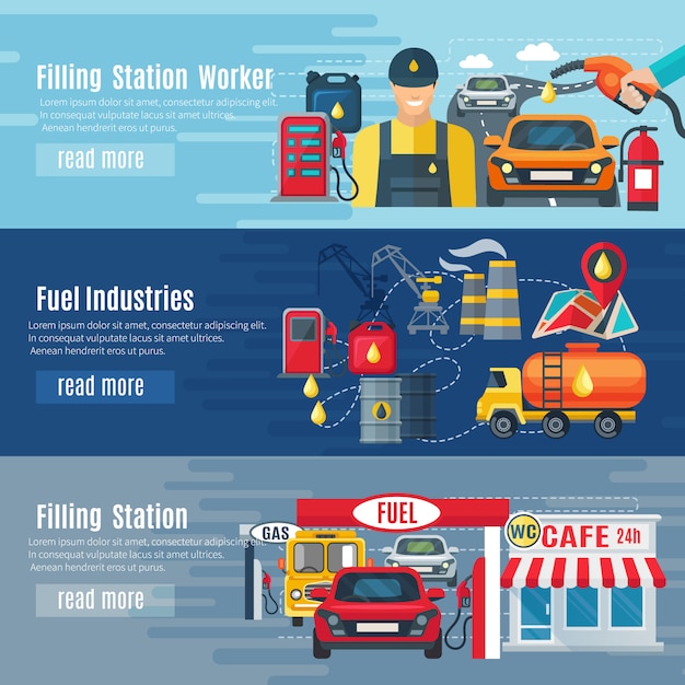 Free vector gas station horizontal banners set with fuel industries symbols