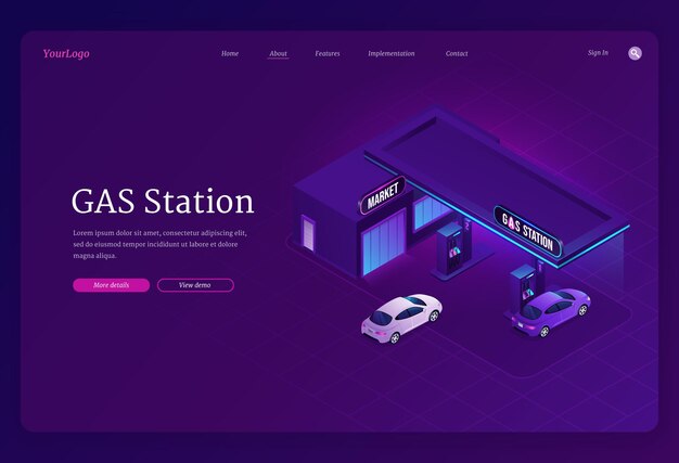 Gas station isometric landing page, cars refueling city service, petrol shop with building, vehicles and hoses, fuel selling for urban transportation, gasoline and oil refill, 3d vector web banner