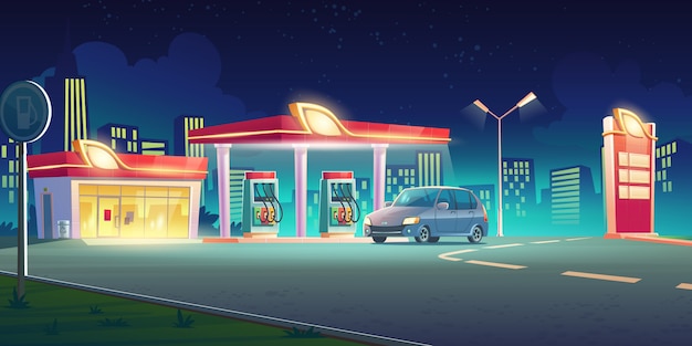 Free vector gas station with oil pump and market at night