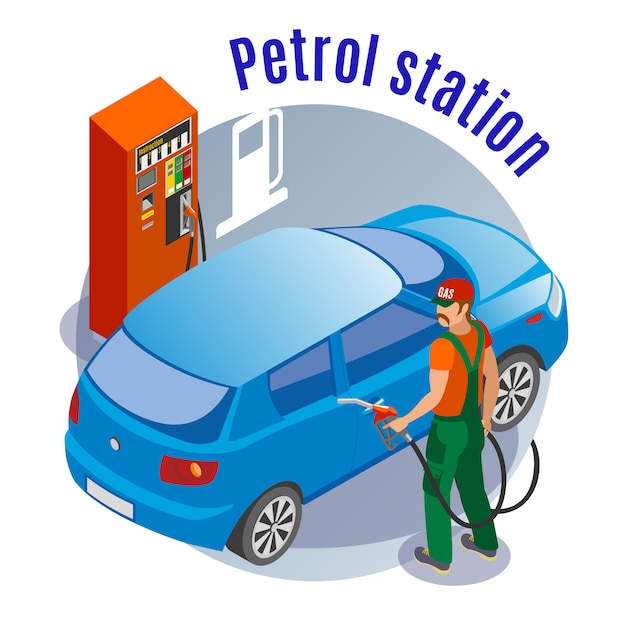 Free Vector gas stations refills isometric illustration with images of fuel filling column car fuelman character and text