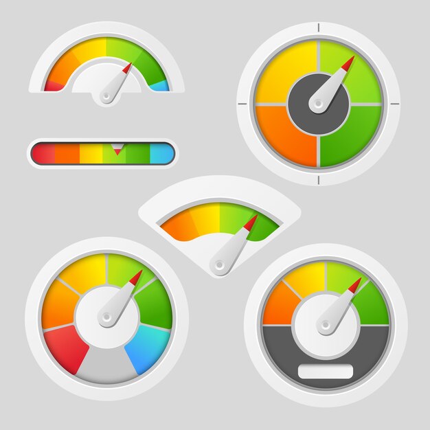 Gauge chart meter elements. Dashboard indicate, panel indicator, measure gauge, vector illustration