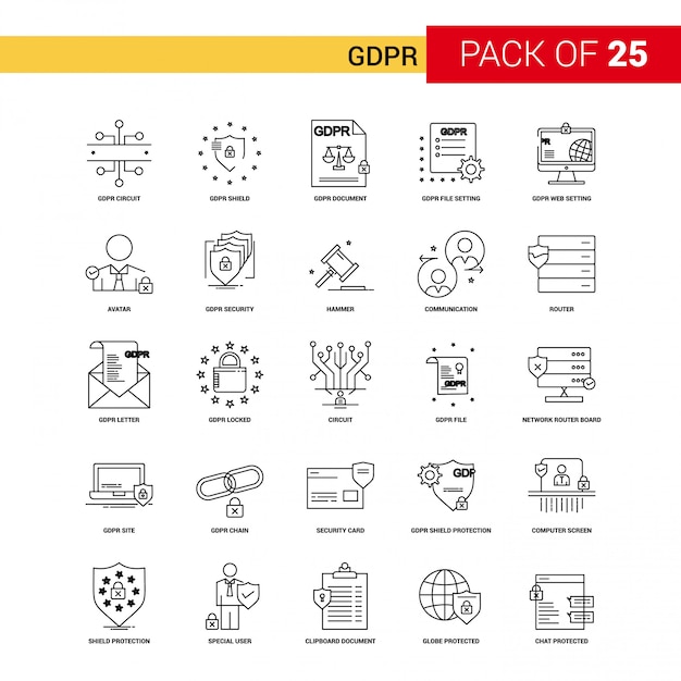 GDPR Black Line Icon - 25 Business Outline Icon Set