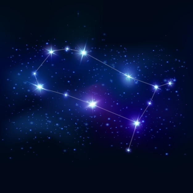 Gemini realistic zodiacal symbol with blue glow stars and connecting lines on cosmic