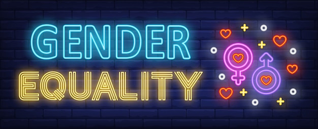 Free Vector gender equality neon text with male and female gender symbols