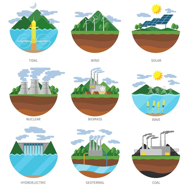 Free vector generation energy types. power plant icons vector set. renewable alternative, solar and tidal, wind and geotermal, biomass and wave illustration