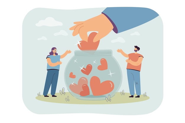 Generous tiny people collecting hearts in jar isolated flat illustration