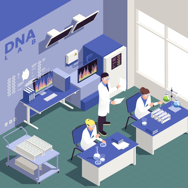 Genetic engineering isometric background with science and research symbols illustration