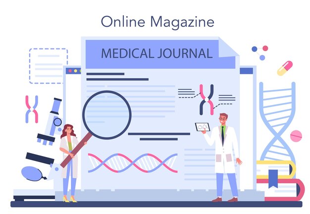 Geneticist online service or platform Medicine and science technology Scientist work with molecule structure Online magazine Vector flat illustration