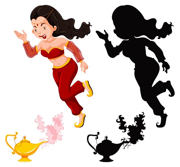 Genie girl magic lantern or aladdin lamp in color and silhouette isolated on white background