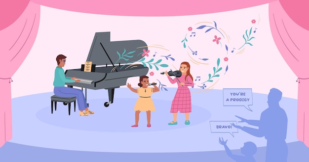 Free Vector genius prodigy flat composition with doodle style characters of talented teenagers playing musical instruments on stage vector illustration