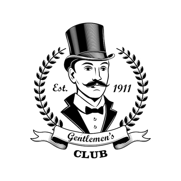 Free Vector gentlemen club emblem vector illustration. man in smoking and top hat, laurel wreath frame. bar, pub or shop concept for labels or badges templates