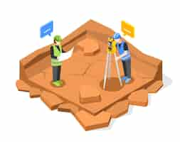 Free vector geodesy isometric composition with view of square pit and characters of two engineers performing some measurements vector illustration