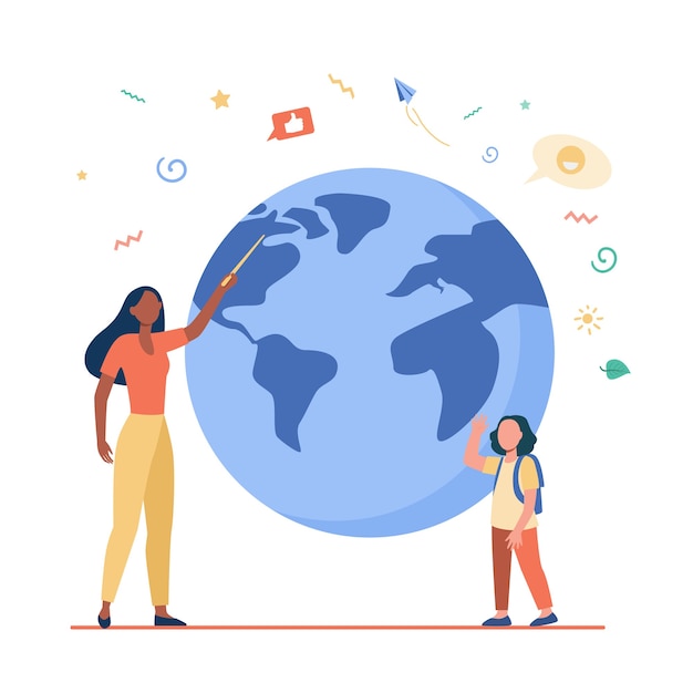 Free Vector geography teacher explaining lesson to pupil. woman with pointer and girl at planet model flat illustration.