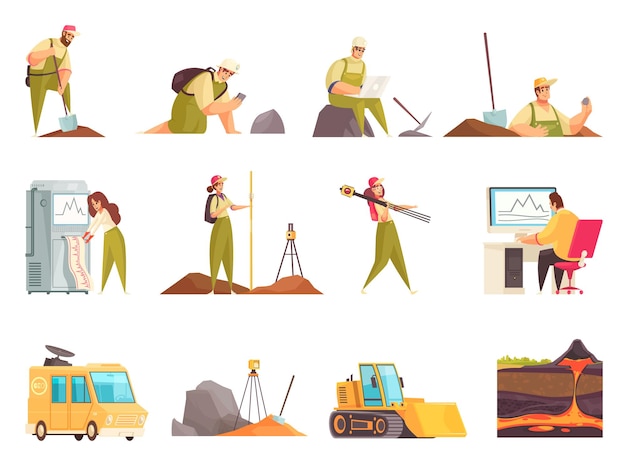 Free Vector geologist set of isolated flat doodle style icons and images with geology workers equipment and transport vector illustration