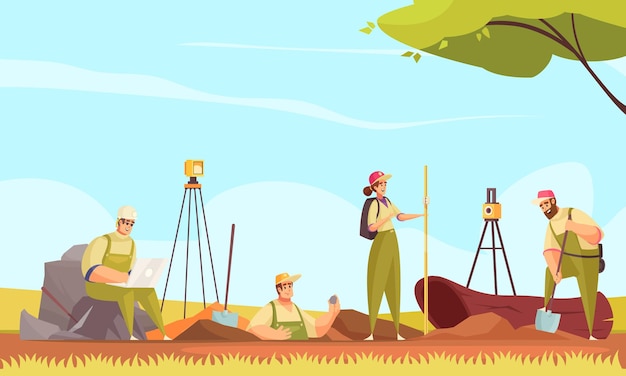 Free Vector geologist soil composition with group of flat doodle characters measuring digging ground in wild outdoor scenery  illustration