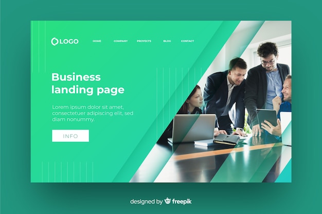 Geometric green landing page with photo