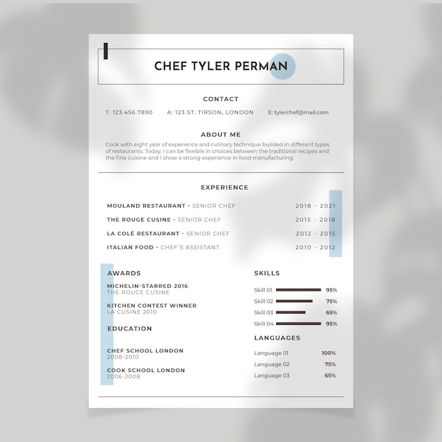 Geometric minimalist chef restaurant resume template