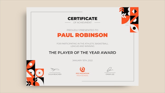 Geometric paul basketball certificate template