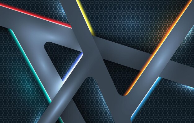 geometric shape and neon lights overlaping hexagon pattern background