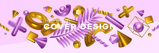 Geometric shapes trendy objects header with golden violet cross cone palm leaf