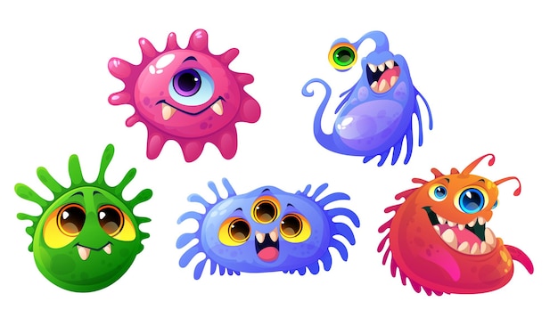 Free vector germs, viruses and bacteria cartoon characters with cute funny faces. smiling pathogen microbes or monsters with big eyes, colorful cells with teeth and tongues isolated vector illustration, icons set