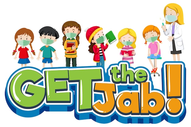 Get the Jab font banner with doctor and many kids cartoon character