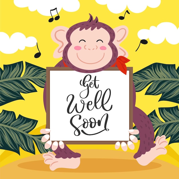 Free Vector get well soon message with illustrated cute monkey