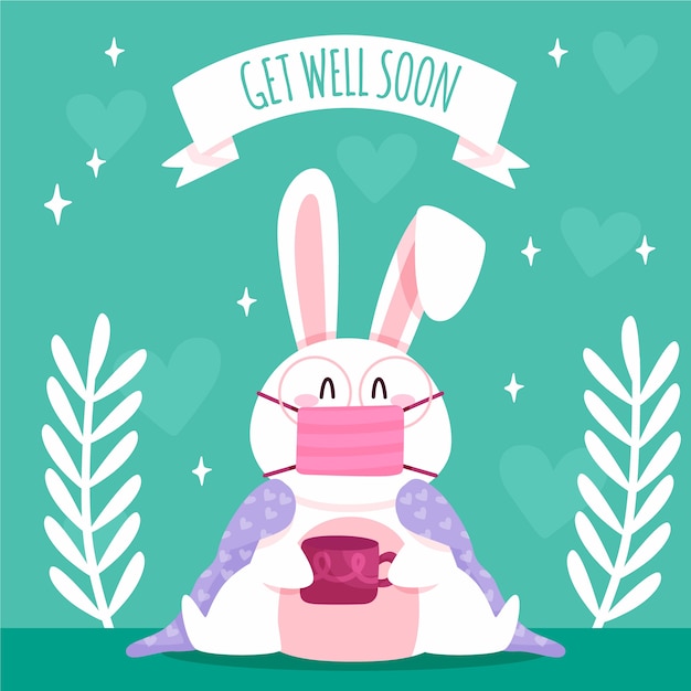 Free vector get well soon quote and bunny wearing mask