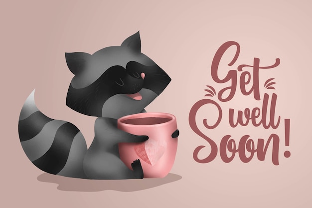 Free Vector get well soon with cute raccoon