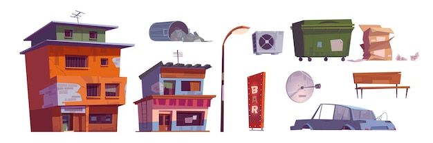 Ghetto buildings, litter bin, broken car, bar signboard, street lamp, carton boxes, ventilation and satellite antenna, abandoned ruined old houses. Dilapidated dirty street isolated cartoon vector set