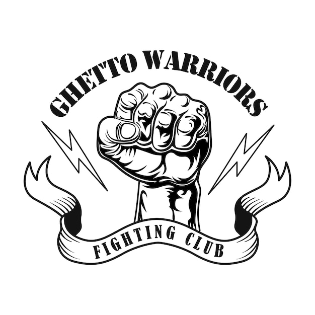 Free Vector ghetto warriors symbol vector illustration. male fist with lightning, text on ribbon