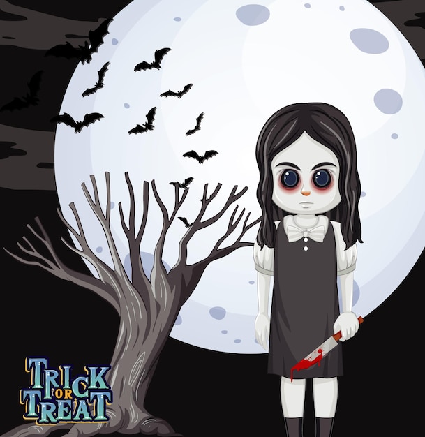 Free Vector ghost girl holding a knife on full moon background