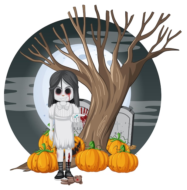 Free Vector ghost girl with black eyes on dark forest background