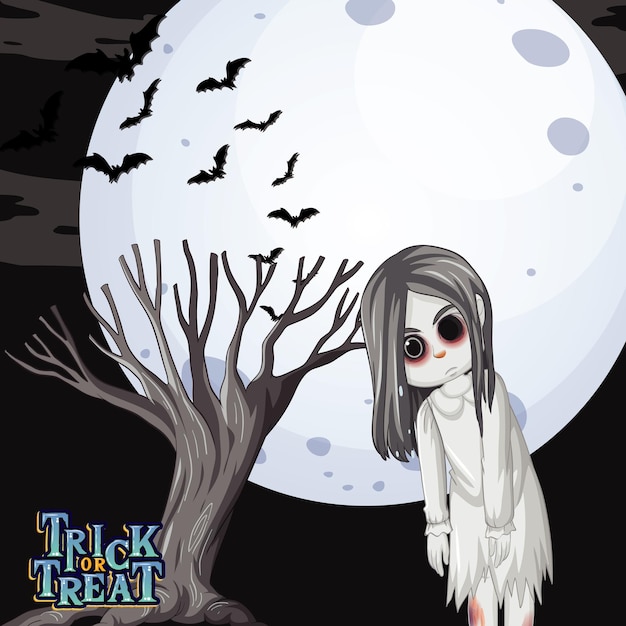 Free Vector ghost girl with black eyes on full moon background