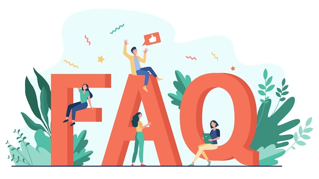 Giant FAQ and tiny people flat vector illustration. Cartoon users asking questions and getting help in problem. Useful instructions and information concept