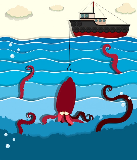 Free Vector giant octopus and fishing boat