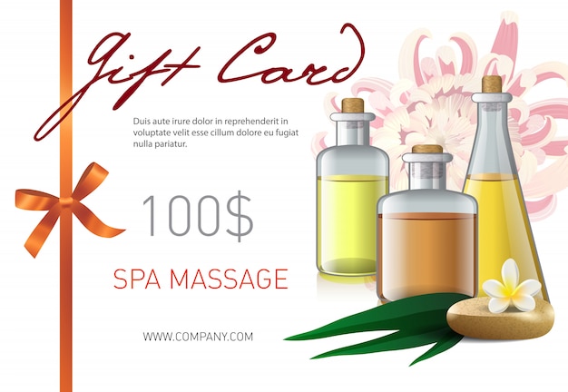 Gift card, spa massage lettering and bottles with oil. Spa salon gift voucher 