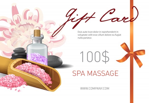 Gift card, spa massage lettering and salt in scoop. Spa salon gift voucher 