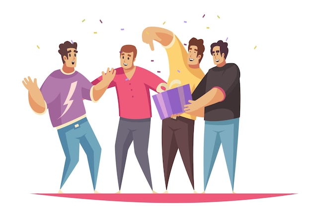 Free Vector gift present composition with group of mamale friends surrounded by confetti with gift box vector illustration