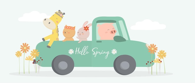 Free Vector giraffe cat rabbit and pig in car to travel on spring time cartoon animals traveler and element in drawing watercolor for graphic designer vector illustration